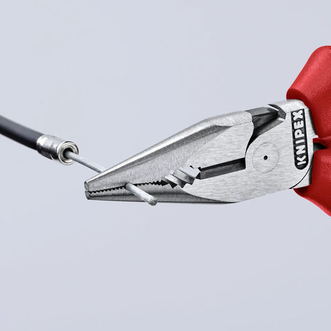 Close-up of 6 Inch Needle Nose And Combination Pliers With Slim Head And Anti Twist Jaws gripping wire, showcasing pointed tips and milled groove.