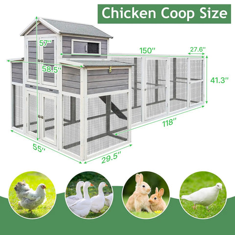 Ultra Spacious Outdoor Chicken Coop 82 Inch Hen House with sizing details for 3-4 chickens showcasing the durable construction
