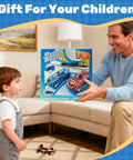 Father gifting child '16 Ft Flexible Roll Up Race Car Track Set With Suction Cups, Totally Portable Dual Lane Track On Any Smooth Surface'