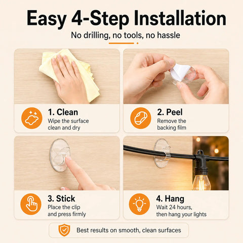 Heavy Duty Clear Adhesive Hooks For Outdoor String Lights, Weatherproof Self Adhesive Clips Deliver Killer Grip, 20 Pack Hangs Legit Tight On Wood Vinyl Siding And Gutters Even When Wet Weather Hits