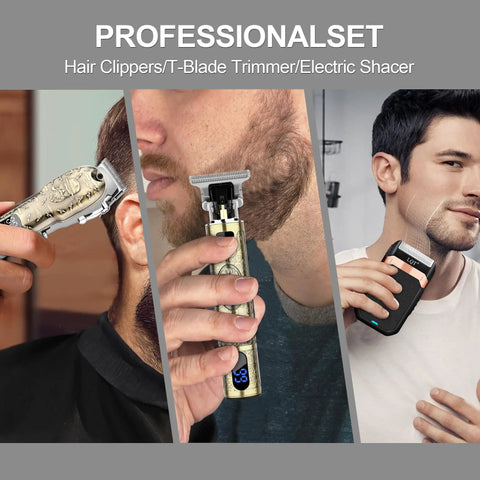 All In One Men's Hair Clipper Set With LED Display, Cordless Pro Grade Hair Trimmer And Beard Shaver in use on different hairstyles