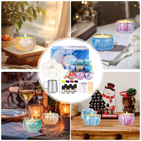 All In One DIY Candle Making Kit for Adults With Beeswax Essential Oils Dyes Wicks And Tins in colorful settings