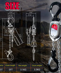 Chrome mini lever block chain hoist with hook, 0.5 ton capacity, 5 ft chain, steel construction.