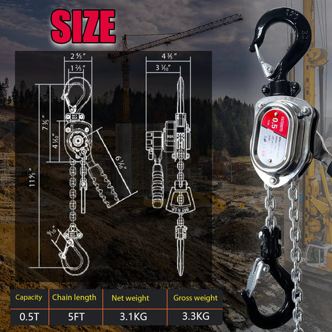 Chrome mini lever block chain hoist with hook, 0.5 ton capacity, 5 ft chain, steel construction.