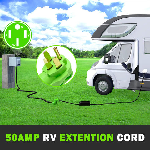 RV connected to power with 50 Amp extension cord in green, showing plug and socket configuration outdoors.