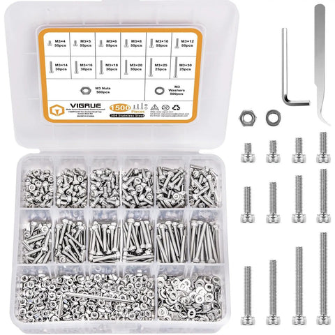 Beefy M3 Hex Socket Head Cap Screw Kit From 4mm To 30mm Stainless Steel Bolts With Nuts And Flat Washers Includes Allen Wrench And Curved Tweezers M3 Screws Assortment Set For Electronics RC DIY Projects showing screws, nuts, washers, allen wrench, tweezers in plastic case