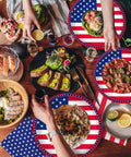 Patriotic American Flag Party Supplies Party Pack Includes 50 Dinner Plates 50 Stars Napkins And 50 Stripes Napkins on table