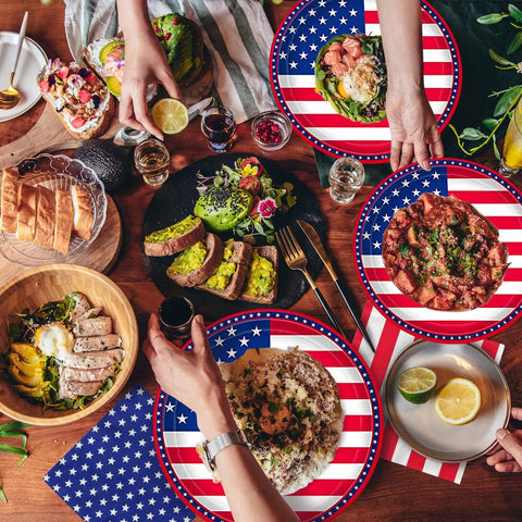 Patriotic American Flag Party Supplies Party Pack Includes 50 Dinner Plates 50 Stars Napkins And 50 Stripes Napkins on table