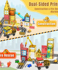 Magnetic Tiles Building Set With Road, Crane And Marble Run Two Sided Construction Site And Fire Station layout display
