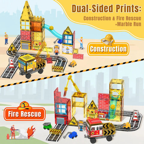 Magnetic Tiles Building Set With Road, Crane And Marble Run Two Sided Construction Site And Fire Station layout display