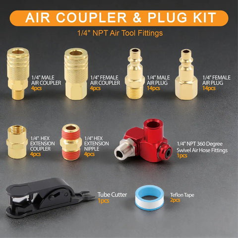 48 Piece One Quarter Inch Quick Connect Air Hose Fittings Kit With Swivel Brass Plated Pneumatic Tool Couplers And Plugs Set For Pneumatic Tools Built To Last Heavy Duty Leak Proof 300 PSI, 1/4 NPT parts and tape