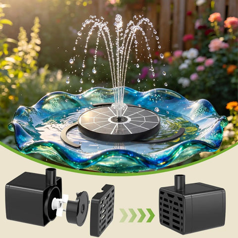 3.7W Solar Bird Bath Fountain Pump With 7.1 Inch Spray Height, demonstrating water flow in garden setting