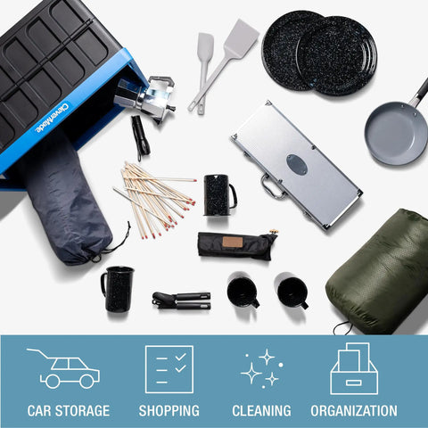 Organizational items for camping and outdoor use including cookware, matches, and tools on a white background.