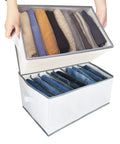 Two Pack Upgraded Closet Organizer With Handle, 9 Grid Thick Fabric Storage Box displaying neatly folded clothes