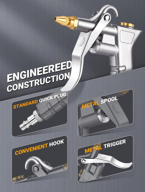 Metal Air Blow Gun With Brass Adjustable Nozzle And Steel Extension, pneumatic blower features construction highlights and quick plug