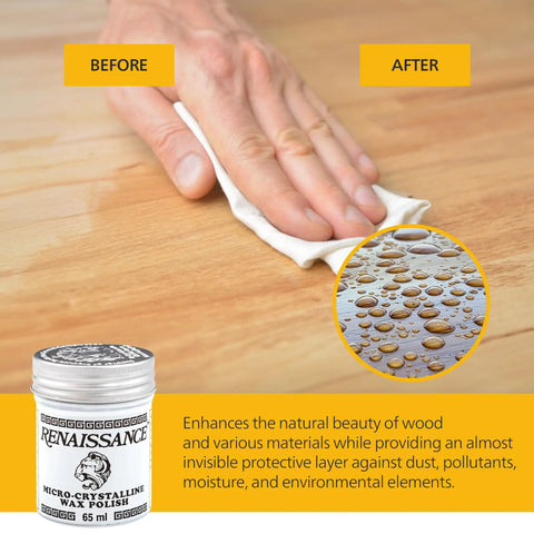 Micro Crystalline Wax Polish for Furniture, Wood, Leather, and Metal delivering slick shine, 65 ml bottle with before-after effect