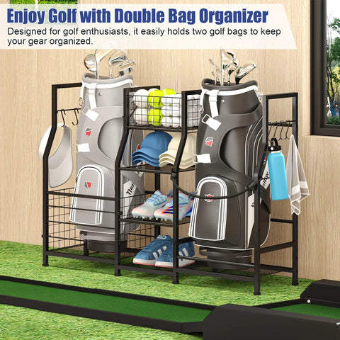 Garage Golf Bag Organizer Stand With Basket And Hooks Dual Mode Storage Rack For Two Golf Bags Balls And Gear Easy Assembly In Your Garage Perfect Gift For Men And Dads displayed with golf bags and accessories.
