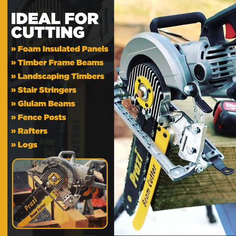Heavy Duty 12 Inch Beam Cutter Attachment For Circular Saws Quick Drop In Mount For Worm Drive Tools on timber for cutting.