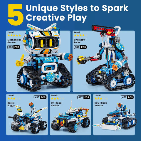 Five In One STEM Robotics Kit With App And Remote Control Build Code And Play Projects A Kid Friendly Gift For Ages 8 To 12 That Makes Learning Hands On Creative And Totally Fun This Holiday Season. Five models shown