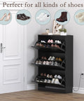 Slim 3-Flip Shoe Storage Cabinet With Odor Control Deodorizer in black, placed in a hallway displaying organized shoes