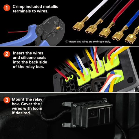 12V DC Auto Waterproof Fuse And Relay Box with Six Relay Sockets during installation process, showing wires and terminal connections