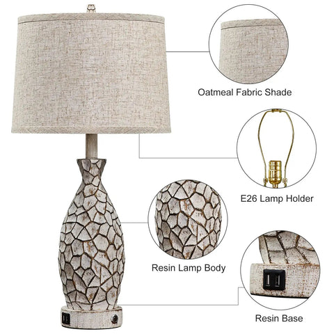 Rustic Farmhouse Bedside Lamps Set Of 2 With USB Ports And 3 Way Dimmable Lighting, White Linen Shade, 27 Inch Tall Nightstand Lamps, LED Bulbs Included, Built For Cozy Living Room Or Bedroom Vibe