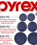 Blue Replacement Lids For 1 Cup, 2 Cup, And 4 Cup Glass Food Storage Containers, BPA Free Plastic with Pyrex logo and model numbers.