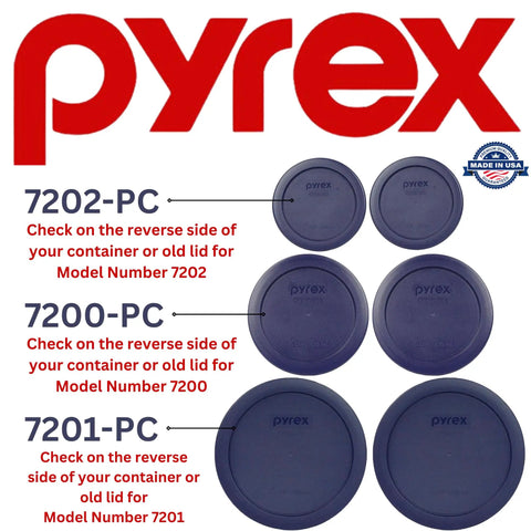 Blue Replacement Lids For 1 Cup, 2 Cup, And 4 Cup Glass Food Storage Containers, BPA Free Plastic with Pyrex logo and model numbers.