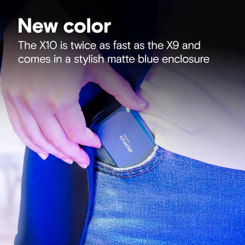 Person inserting X10 4TB Portable SSD With Up To 2100 MBps Read Speeds USB 3.2 Gen 2 Type C External Solid State Drive into pocket