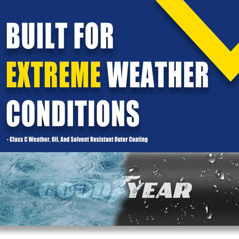 Text on image emphasizing extreme weather and solvent resistance of 6 Foot Rubber Whip Hose 3/8 Inch With Brass 1/4 NPT End Fittings