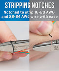 Stainless Steel Electrician Scissors Heavy Duty Cutters With Ergonomic Handles showing wire stripping feature for 18-24 AWG cables.