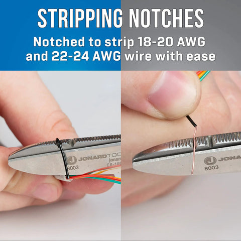 Stainless Steel Electrician Scissors Heavy Duty Cutters With Ergonomic Handles showing wire stripping feature for 18-24 AWG cables.