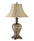 Basket Weave Resin Table Lamp In Gold Silver Coppery Metallic Finish With Three-Way Switch, Raised Diamond And Leaf Base