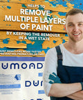 Man next to sign showing laminated paper for paint removers keeps it wet, extends life, and speeds removal, 13 inch by 300 foot roll.