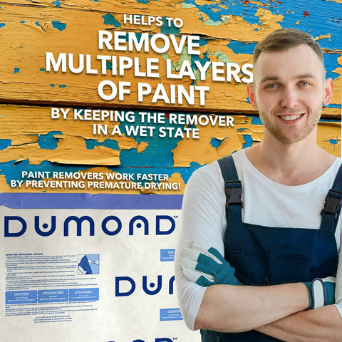 Man next to sign showing laminated paper for paint removers keeps it wet, extends life, and speeds removal, 13 inch by 300 foot roll.