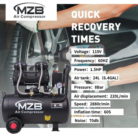 MZB 6.4 Gallon Ultra Quiet Air Compressor, 110V 1.5HP Oil Free, 7.4 CFM Max 115 PSI Steel Tank, 70dB Low Noise Level With Wheels For Spray Painting Auto Repair And Carpentry Projects