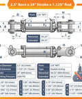 Heavy Duty Hydraulic Cylinder Two Point Five Inch Bore Twenty Four Inch Stroke Tie Rod Double Acting 2500 PSI With One Point One Two Five Inch Rod Diameter And Three Eighth Inch NPT Ports. Technical diagram showing dimensions and ports.