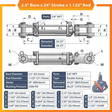 Heavy Duty Hydraulic Cylinder Two Point Five Inch Bore Twenty Four Inch Stroke Tie Rod Double Acting 2500 PSI With One Point One Two Five Inch Rod Diameter And Three Eighth Inch NPT Ports. Technical diagram showing dimensions and ports.