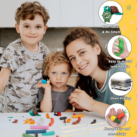 Family using Colorful Polymer Clay Starter Kit With 120 Bright Colors Oven Baked Non Sticky Modeling Clay DIY Jewelry Making Set.