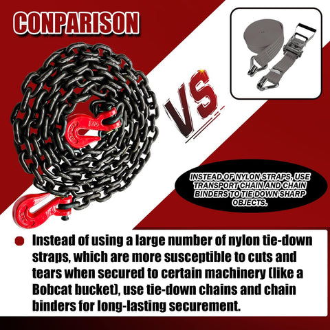 G80 Transport Binder Chain Five Sixteenth Inch Ten Foot With Clevis Grab Hooks VS nylon straps for heavy-duty tow and tie down