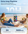 Bluetooth Party Speaker With Colorful Lights on beach with two people, highlighting extra-long playtime and battery capacity.