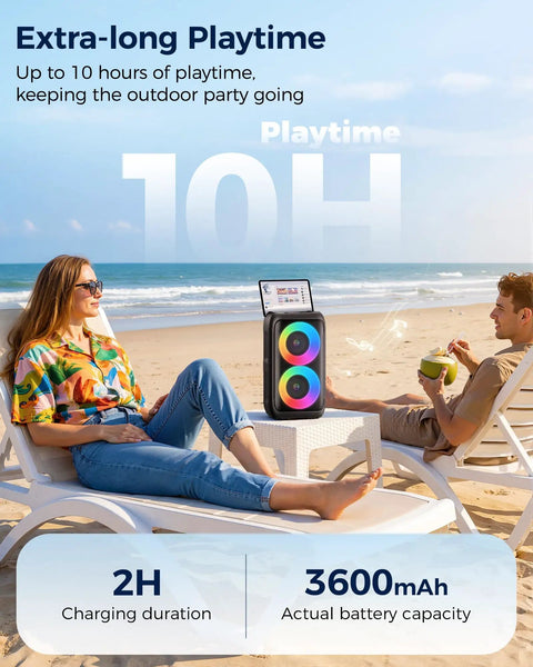 Bluetooth Party Speaker With Colorful Lights on beach with two people, highlighting extra-long playtime and battery capacity.