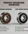 Comparison of rusted generic bearing and Bulk 50 Pack 608-2RS skateboard bearing showing dustproof, precision features