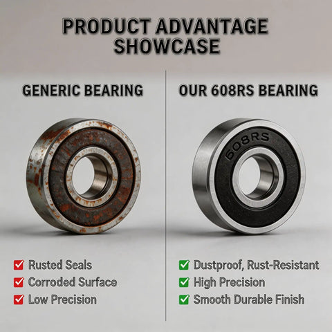 Comparison of rusted generic bearing and Bulk 50 Pack 608-2RS skateboard bearing showing dustproof, precision features