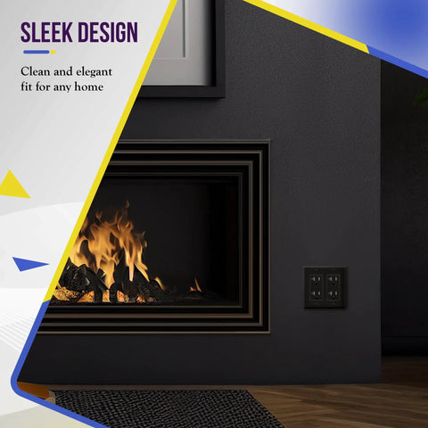 Living room with lit fireplace and Decorator Two-Gang Wall Plate For Light Switch Or Receptacle Black Unbreakable Polycarbonate Thermoplastic UL Listed 8832 BK 4.50 By 4.57 Inches Built To Last In High-Traffic Homes And Offices installed
