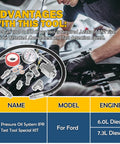 Ford 6.0L 7.3L Powerstroke Diesel High Pressure Oil System IPR Air Test Tool Kit displayed with car engine in background