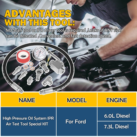 Ford 6.0L 7.3L Powerstroke Diesel High Pressure Oil System IPR Air Test Tool Kit displayed with car engine in background