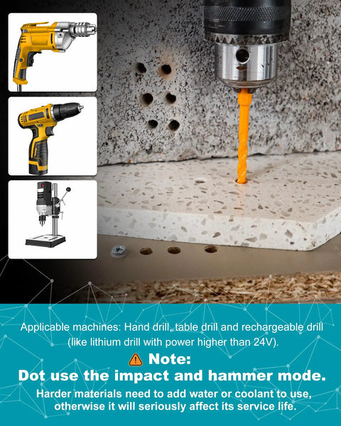 Upgraded Masonry Drill Bit Set 3/16 To 3/8 Inch Serrated Carbide Bits in use on concrete with drilling tools visible.
