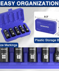 5-Piece 1/2 Inch Drive Impact Socket Set With 3 Inch Extension Bar in plastic storage box showing size markings
