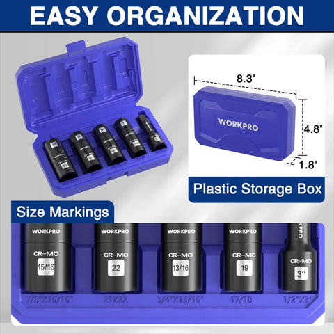 5-Piece 1/2 Inch Drive Impact Socket Set With 3 Inch Extension Bar in plastic storage box showing size markings